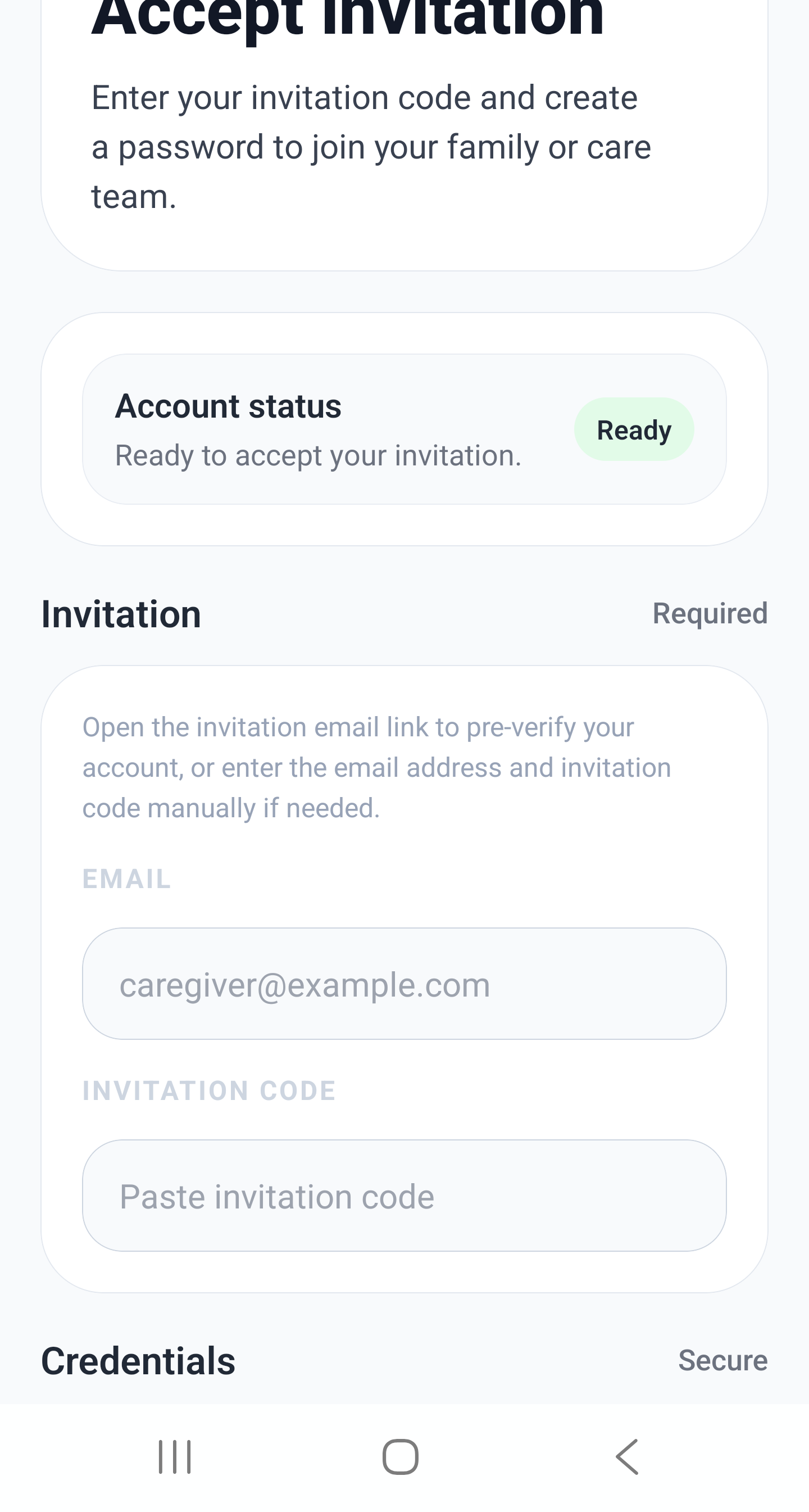 Invitation acceptance screen for the Caregiver Dashboard