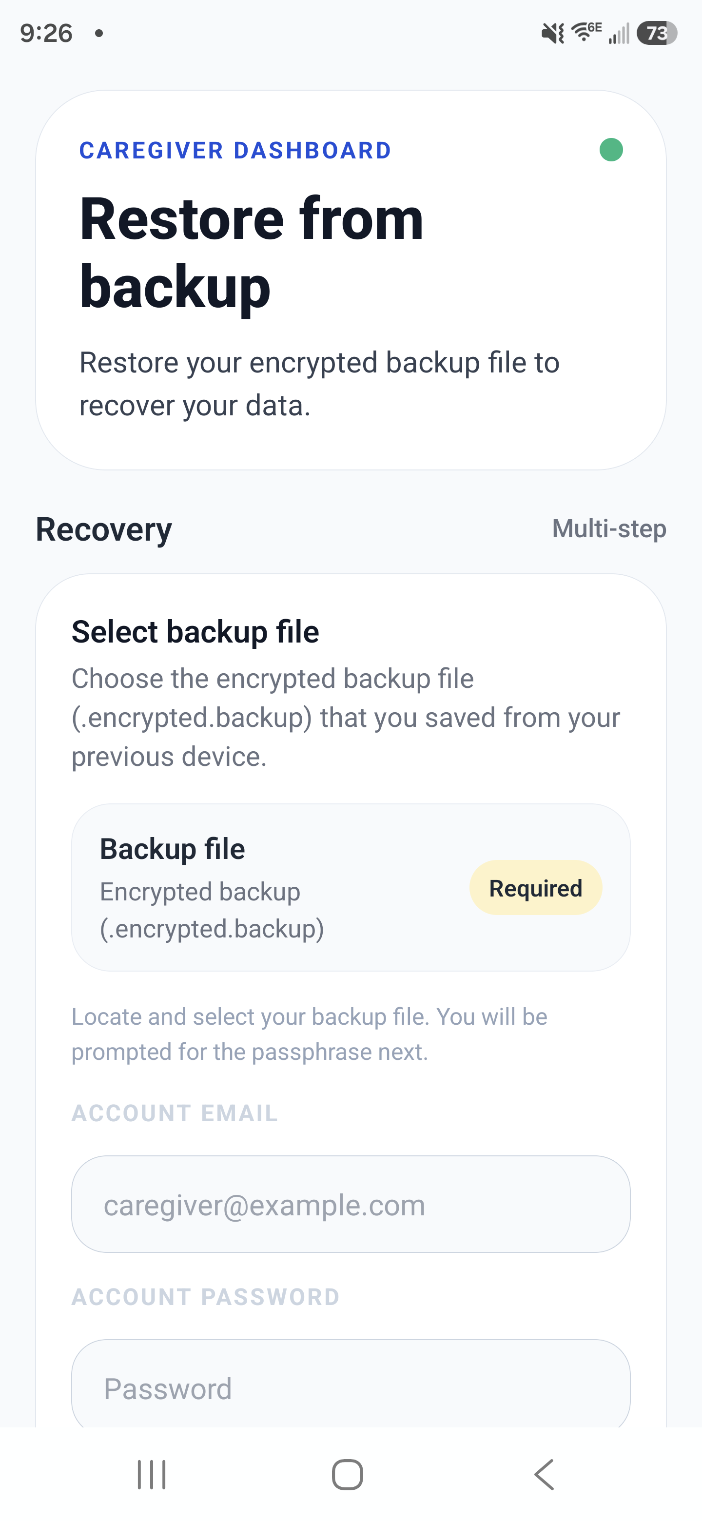 Backup and restore screen for the Caregiver Dashboard