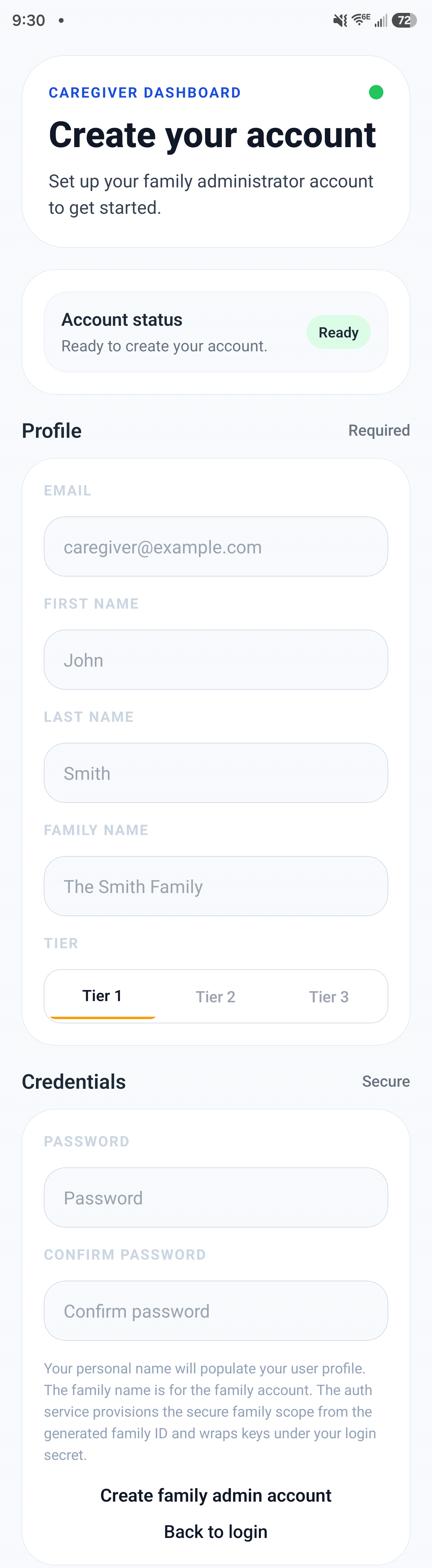 Create account screen for the Caregiver Dashboard