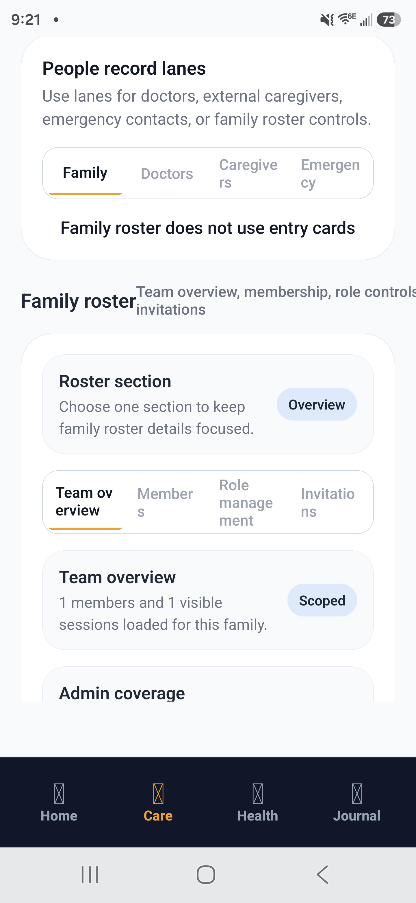 Family roster screen for the Caregiver Dashboard
