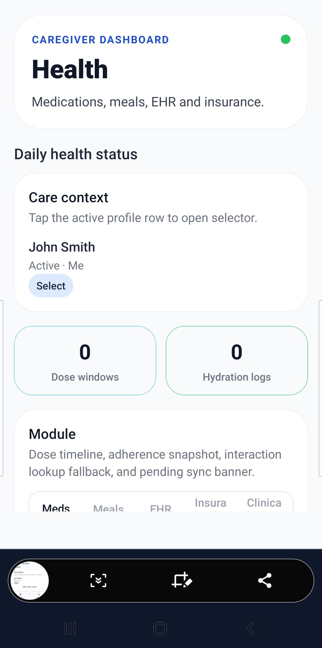 Health tab screen for the Caregiver Dashboard