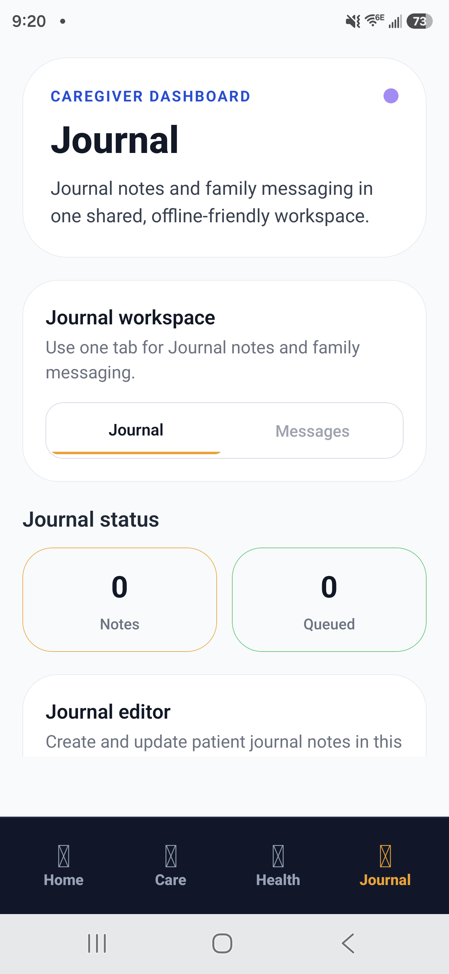 Journal screen for the Caregiver Dashboard