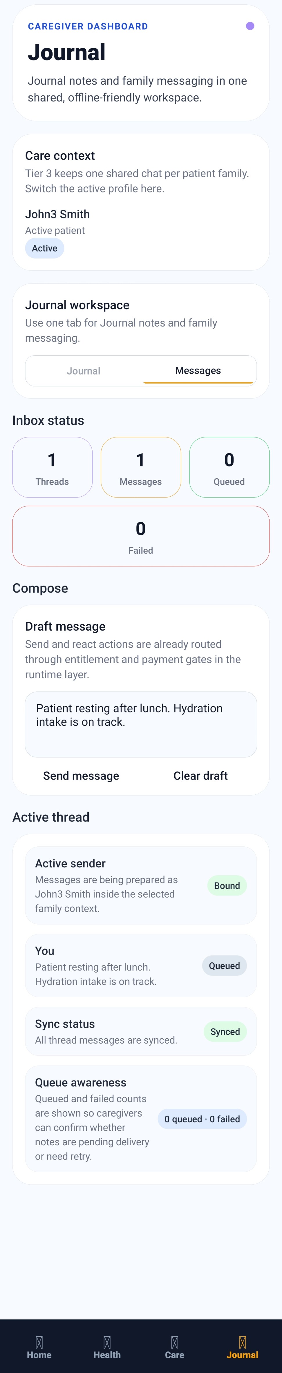 Messages screen for the Caregiver Dashboard